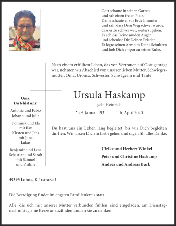 Anzeige von Ursula Haskamp von OM-Medien