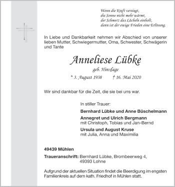 Anzeige von Anneliese Lübke von OM-Medien