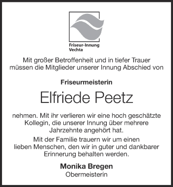 Anzeige von Elfriede Peetz von OM-Medien