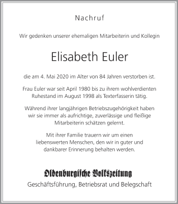 Anzeige von Elisabeth Euler von OM-Medien