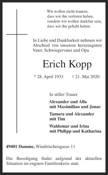 Anzeige von Erich Kopp von OM-Medien