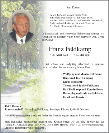 Anzeige von Franz Feldkamp von OM-Medien