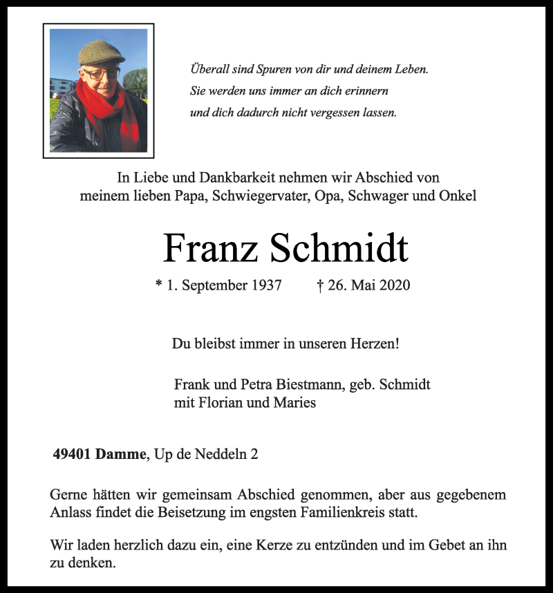  Traueranzeige für Franz Schmidt vom 28.05.2020 aus OM-Medien