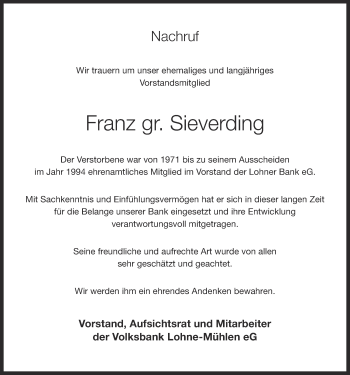 Anzeige von Franz gr.Sieverding von OM-Medien