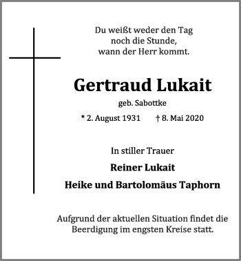 Anzeige von Gertraud Lukait von OM-Medien