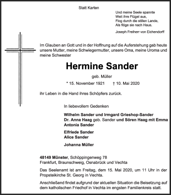 Anzeige von Hermine Sander von OM-Medien