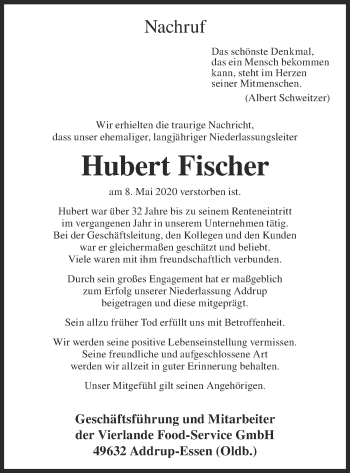 Anzeige von Hubert Fischer von OM-Medien