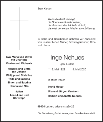 Anzeige von Inge Nehues von OM-Medien