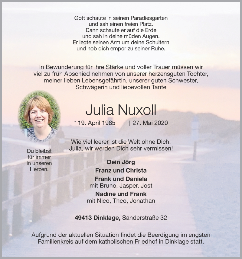  Traueranzeige für Julia Nuxoll vom 29.05.2020 aus OM-Medien