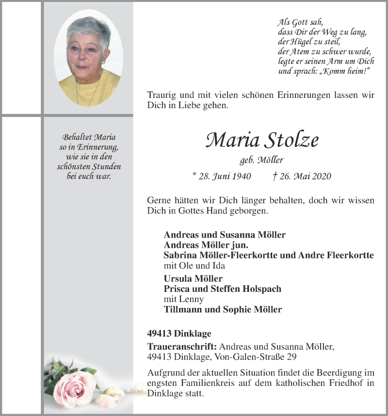  Traueranzeige für Maria Stolze vom 28.05.2020 aus OM-Medien