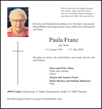 Anzeige von Paula Franz von OM-Medien