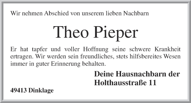  Traueranzeige für Theodor Pieper vom 05.05.2020 aus OM-Medien