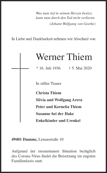 Anzeige von Werner Thiem von OM-Medien
