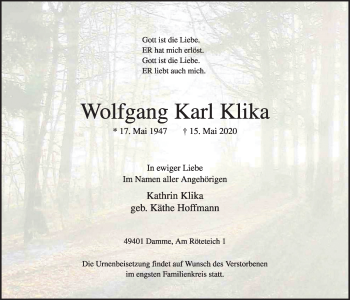 Anzeige von Wolfgang Karl Klika von OM-Medien