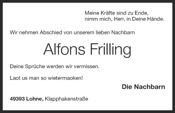 Anzeige von Alfons Frilling von OM-Medien