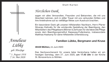 Anzeige von Anneliese Lübke von OM-Medien