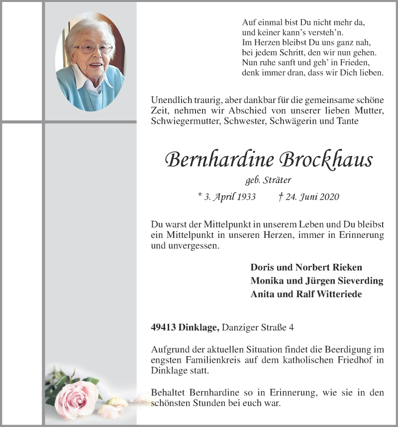  Traueranzeige für Bernhardine Brockhaus vom 25.06.2020 aus OM-Medien