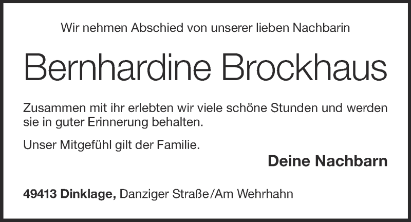  Traueranzeige für Bernhardine Brockhaus vom 26.06.2020 aus OM-Medien