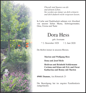 Anzeige von Dora Hess von OM-Medien