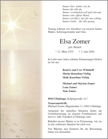 Anzeige von Elsa Zomer von OM-Medien