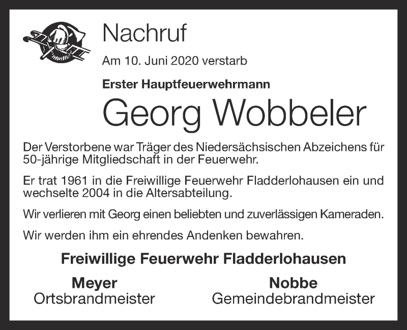  Traueranzeige für Georg Wobbeler vom 13.06.2020 aus OM-Medien