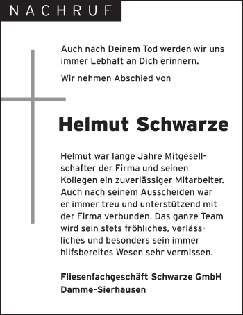 Anzeige von Helmut Schwarze von OM-Medien