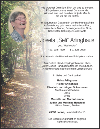 Anzeige von Josefa Arlinghaus von OM-Medien