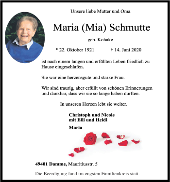 Anzeige von Maria Schmutte von OM-Medien
