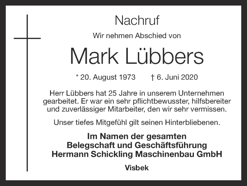  Traueranzeige für Mark Lübbers vom 09.06.2020 aus OM-Medien