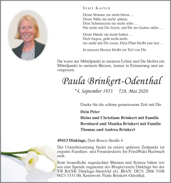 Anzeige von Paula Brinkert-Odenthal von OM-Medien