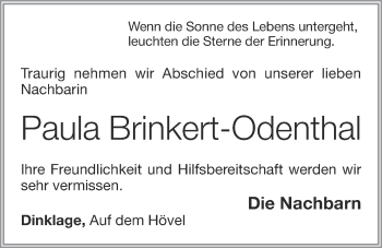 Anzeige von Paula Brinkert-Odenthal von OM-Medien