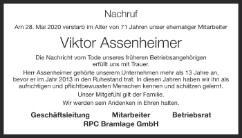 Anzeige von Viktor Assenheimer von OM-Medien