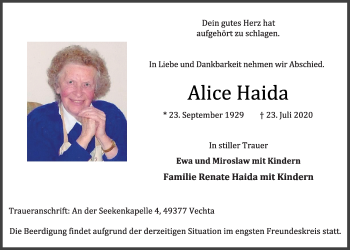 Anzeige von Alice Haida von OM-Medien