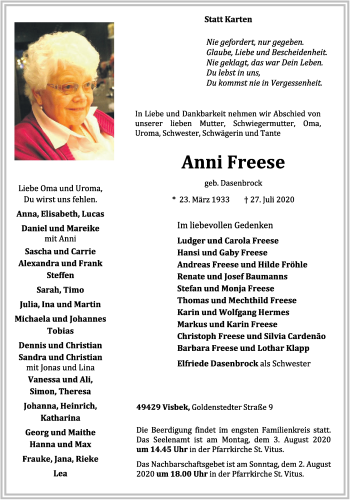 Anzeige von Anni Freese von OM-Medien