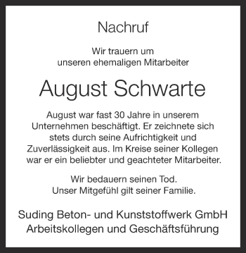 Anzeige von August Schwarte von OM-Medien