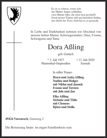 Anzeige von Dora Aßling von OM-Medien