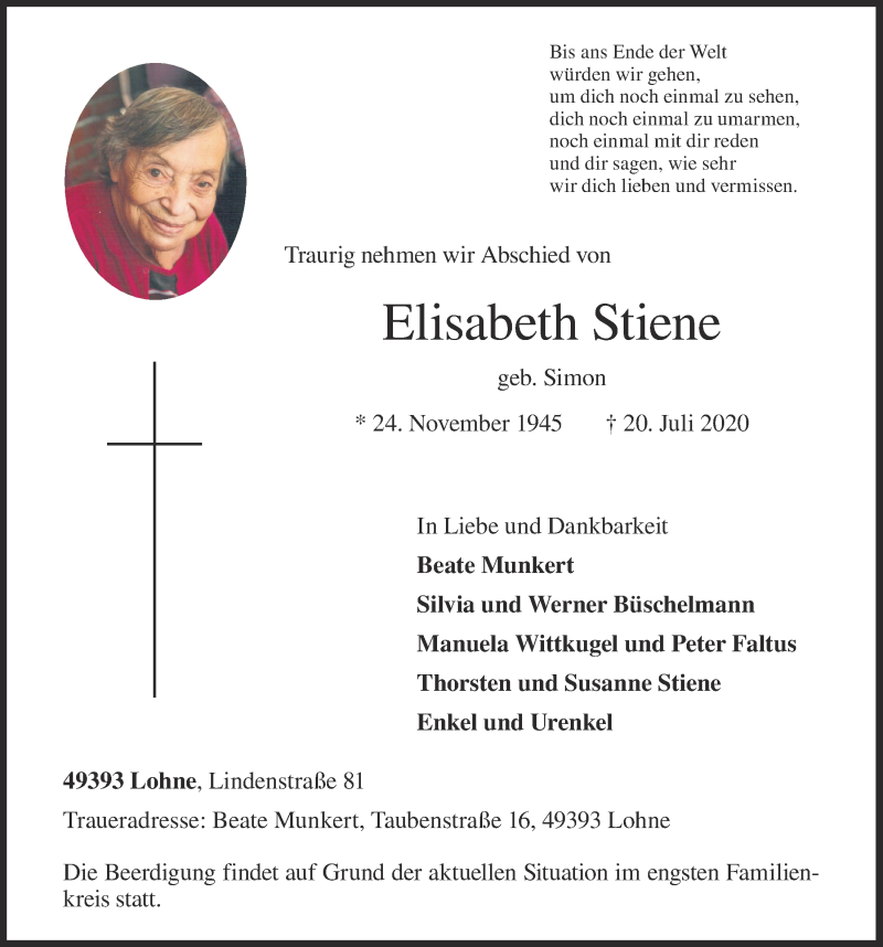  Traueranzeige für Elisabeth Stiene vom 22.07.2020 aus OM-Medien