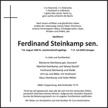 Anzeige von Ferdinand Steinkamp sen. von OM-Medien