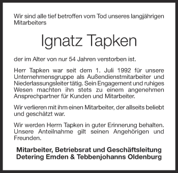 Anzeige von Ignatz Tapken von OM-Medien