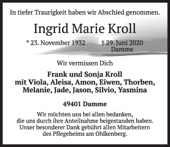 Anzeige von Ingrid Marie Kroll von OM-Medien