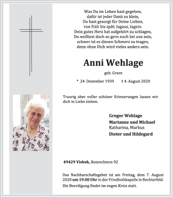 Anzeige von Anni Wehlage von OM-Medien