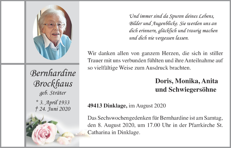  Traueranzeige für Bernhardine Brockhaus vom 07.08.2020 aus OM-Medien