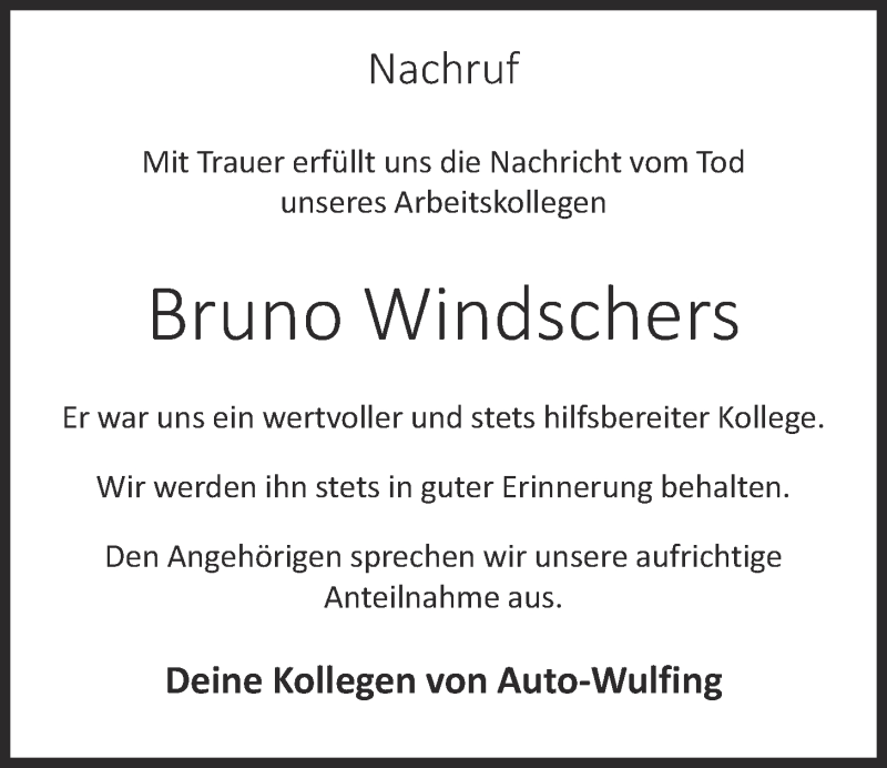  Traueranzeige für Bruno Windschers vom 08.08.2020 aus OM-Medien