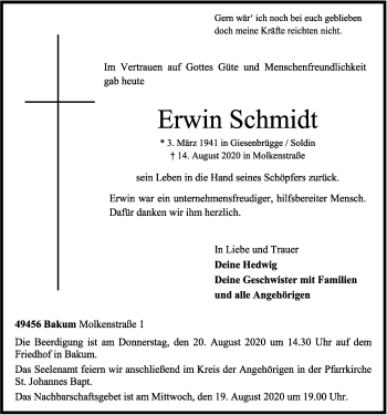 Anzeige von Erwin Schmidt von OM-Medien