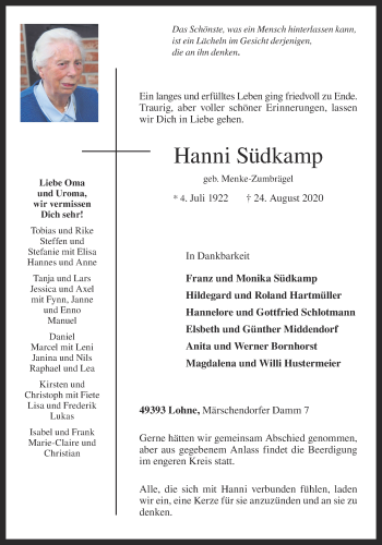 Anzeige von Hanni Südkamp von OM-Medien