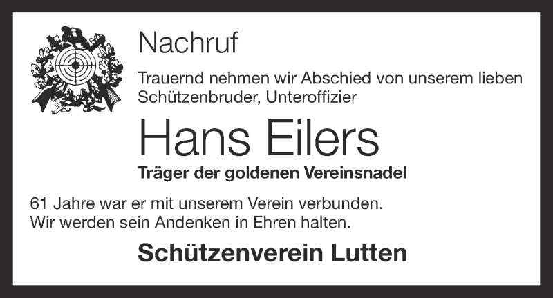  Traueranzeige für Hans Eilers vom 07.08.2020 aus OM-Medien