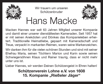 Anzeige von Hans Macke von OM-Medien