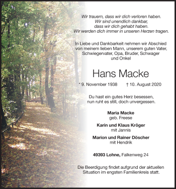 Anzeige von Hans Macke von OM-Medien