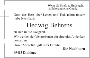 Anzeige von Hedwig Behrens von OM-Medien