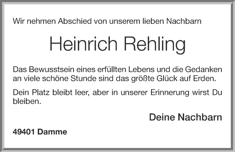  Traueranzeige für Heinrich Rehling vom 26.08.2020 aus OM-Medien